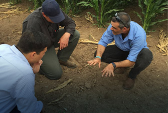 Agricultural experts conducting hands-on soil consultation with farmer